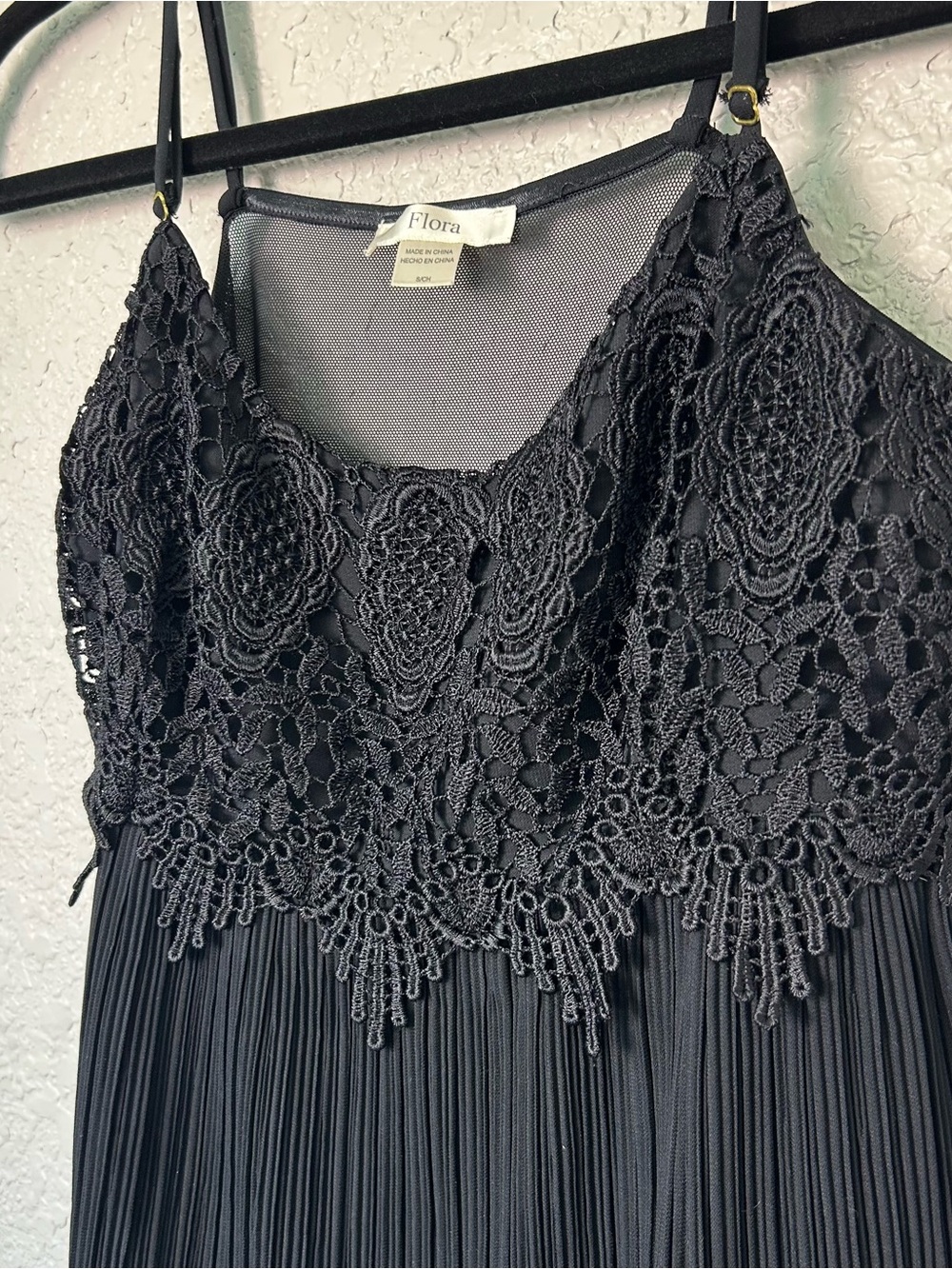 Vintage Flora Black Lace Pleated Slip Dress